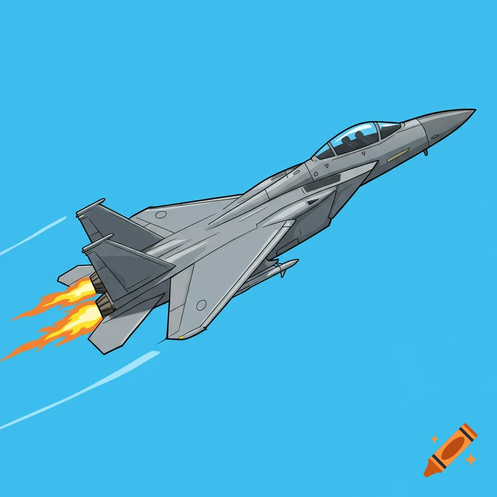Grey fighter jet flying in a blue sky in a clipart style with flames from engines.
