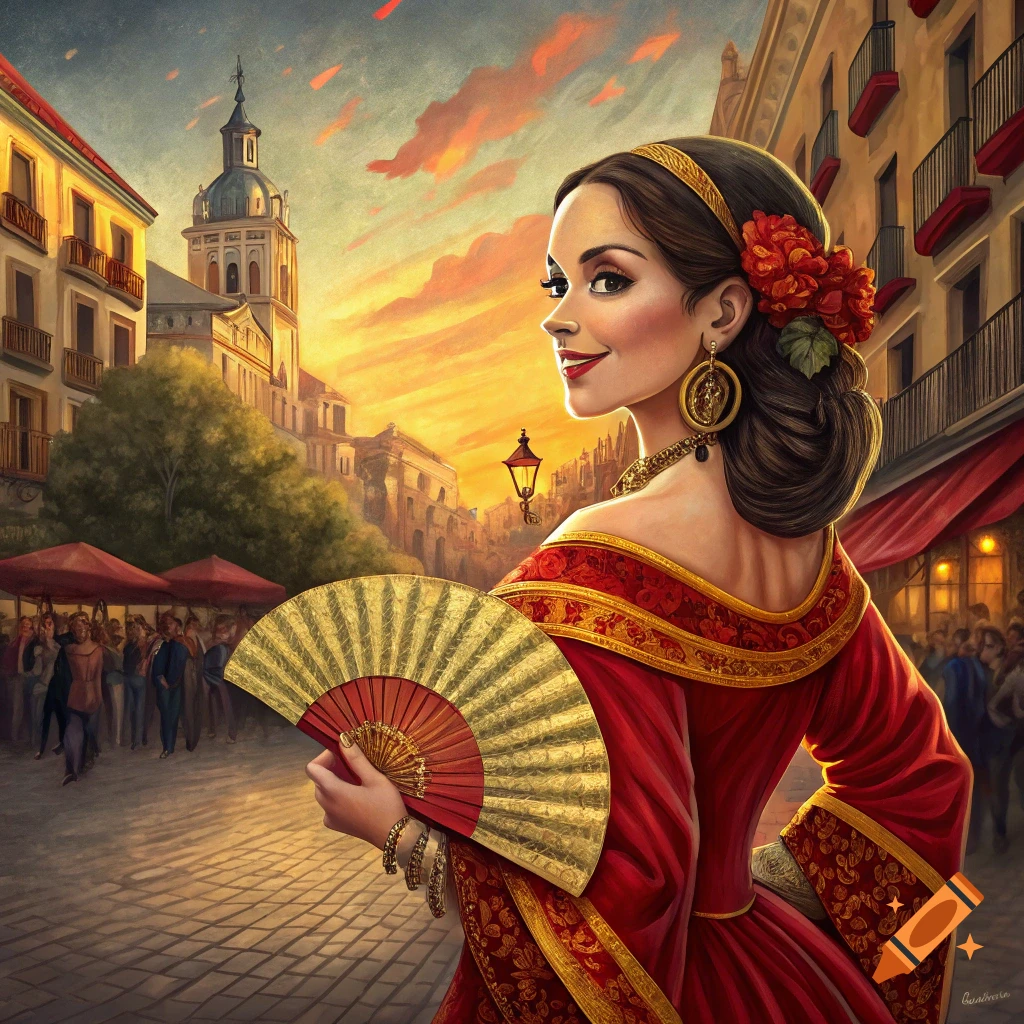 Woman in Spanish dress with fan in sunny street, digital painting.