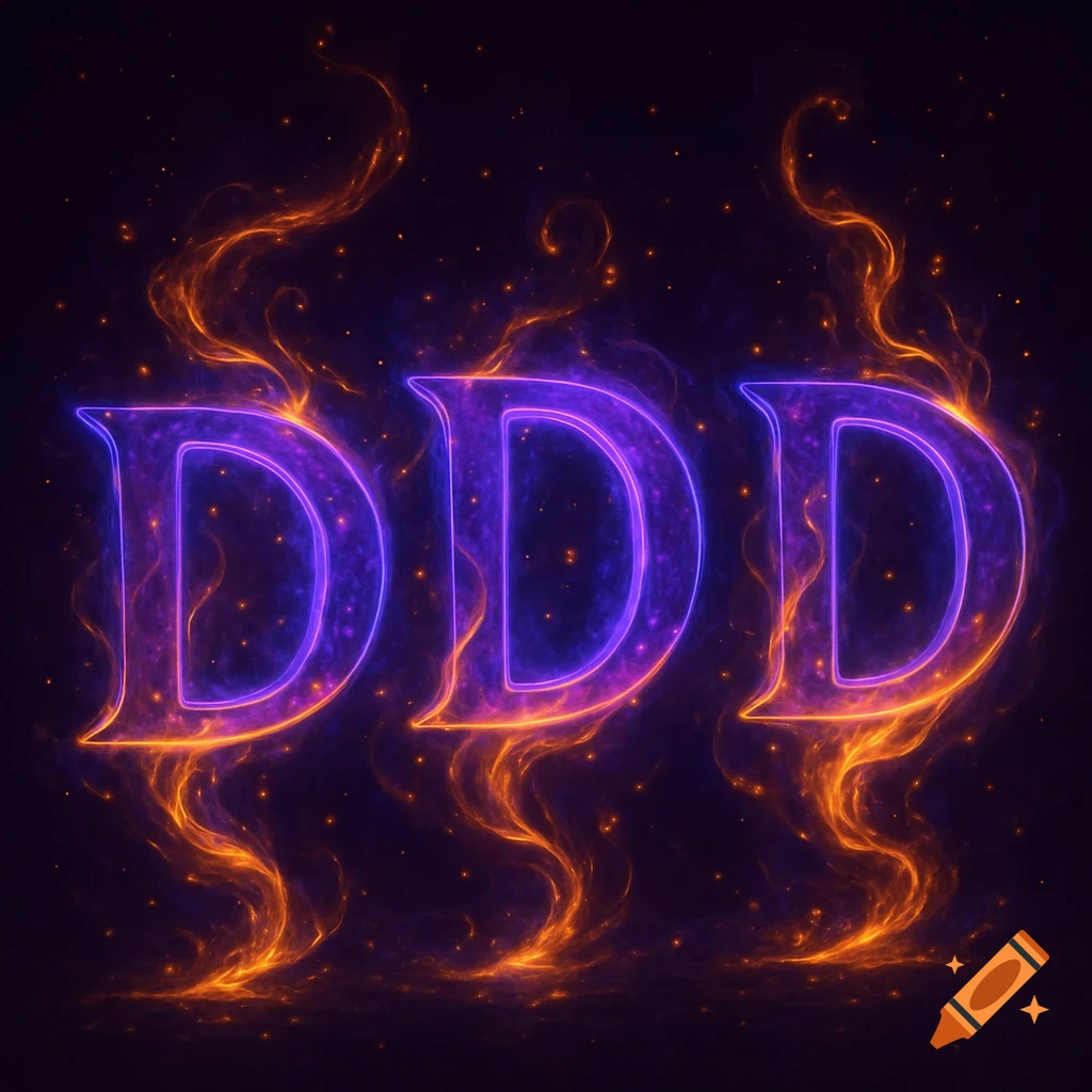 Three glowing purple and orange neon D letters surrounded by magical energy.