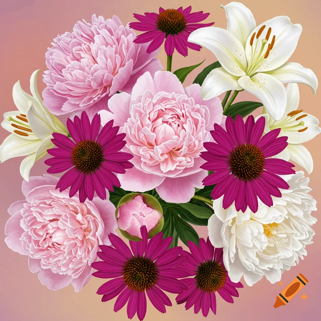 A circular arrangement of pink peonies, white lilies, and purple coneflowers.