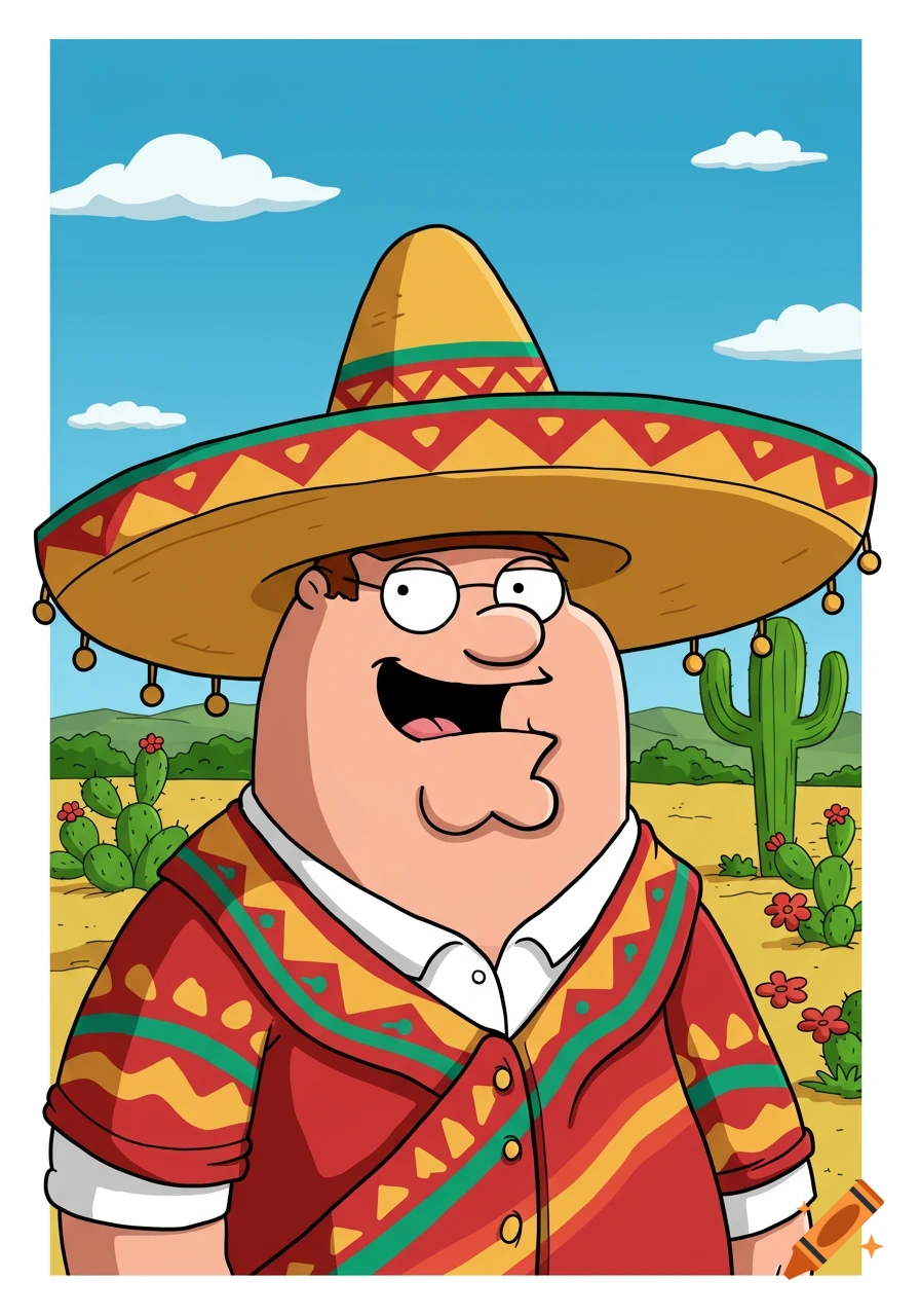 Cartoon of Peter Griffin wearing a sombrero and poncho in a desert.