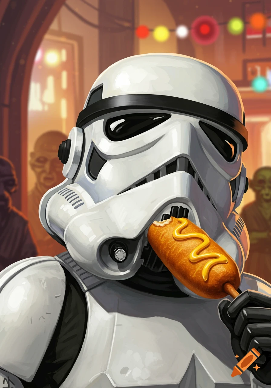 Stylized illustration of a stormtrooper eating a corndog in a bar.
