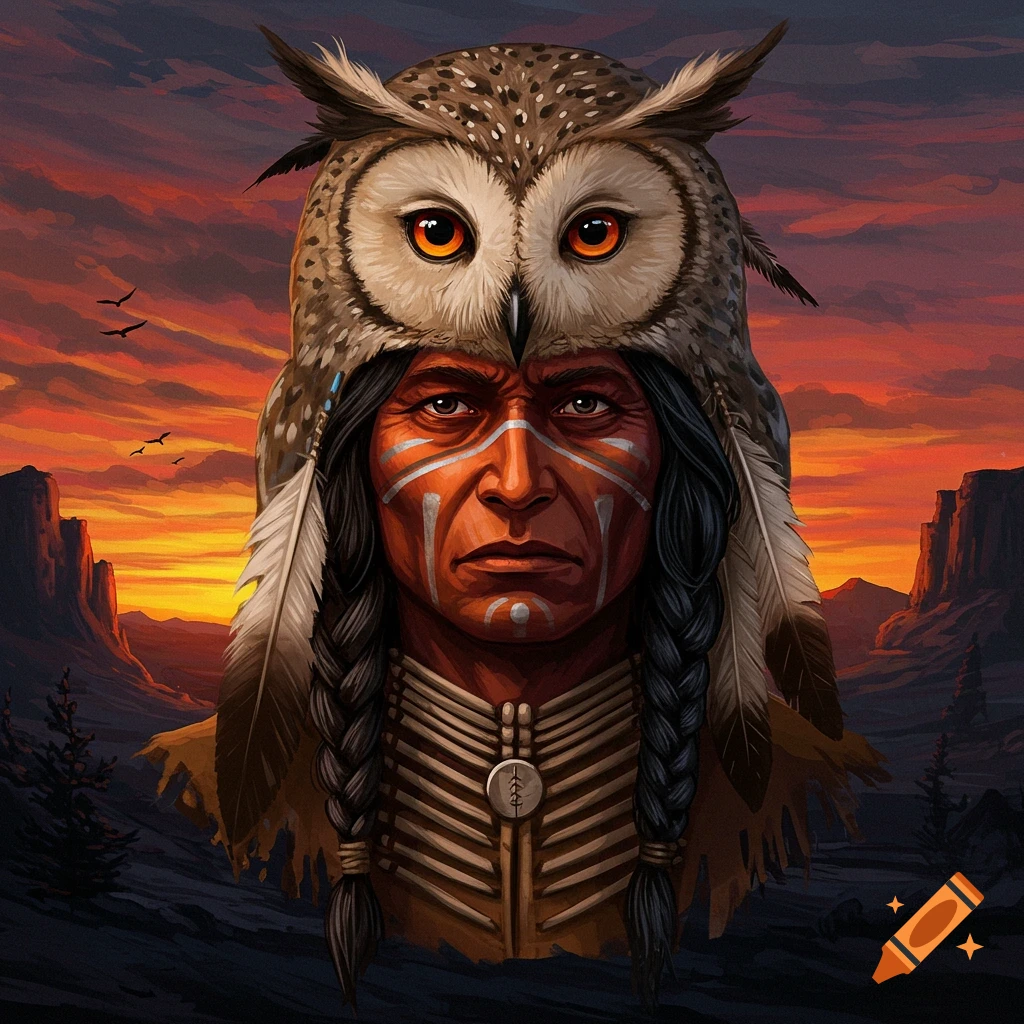 Portrait of a Native American man wearing an owl headress and face paint against a sunset landscape.