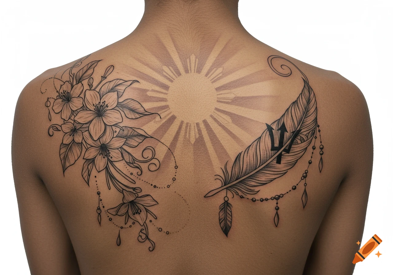 Tattoo design on a back featuring a sunburst, flowers, and a feather with a trident symbol and beads.