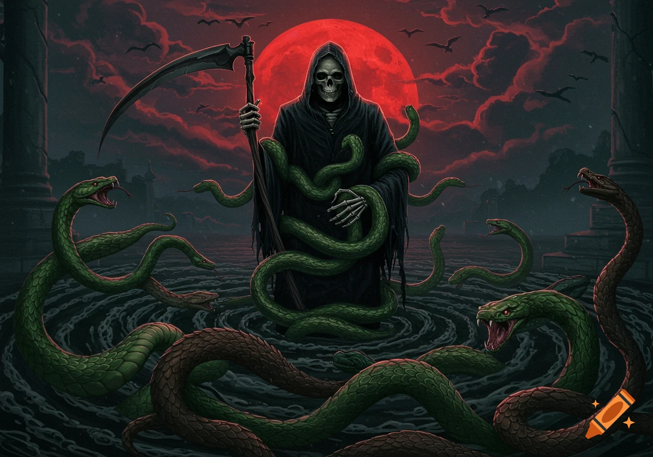 A grim reaper figure stands in water surrounded by snakes under a blood red full moon and dark sky. Dark fantasy illustration.