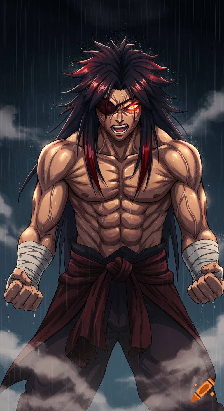 Muscular anime man with long dark hair, eyepatch, glowing eye, and a martial arts outfit stands in the rain, clenching his fists.