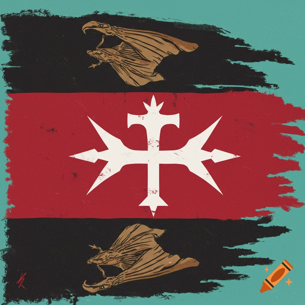 A flag design with red, black, and brown bands, featuring a white cross symbol and stylized eagles.