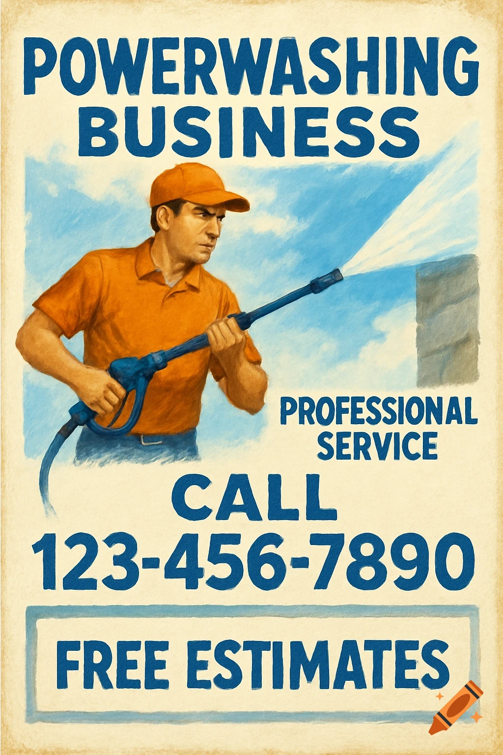Illustration of a man power washing a wall with text advertising a powerwashing business.