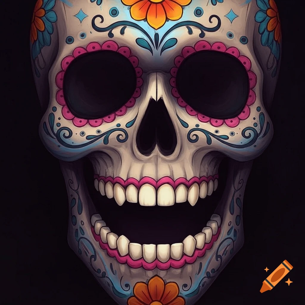 A colorful, stylized sugar skull with intricate patterns and its mouth open on a black background.