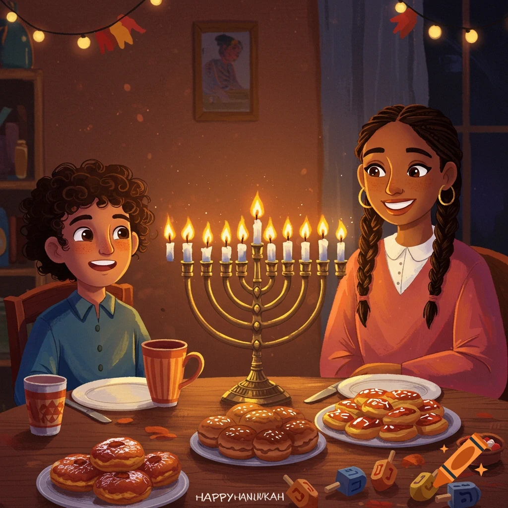 Illustration of two children celebrating Hanukkah at a table with a lit menorah and food.