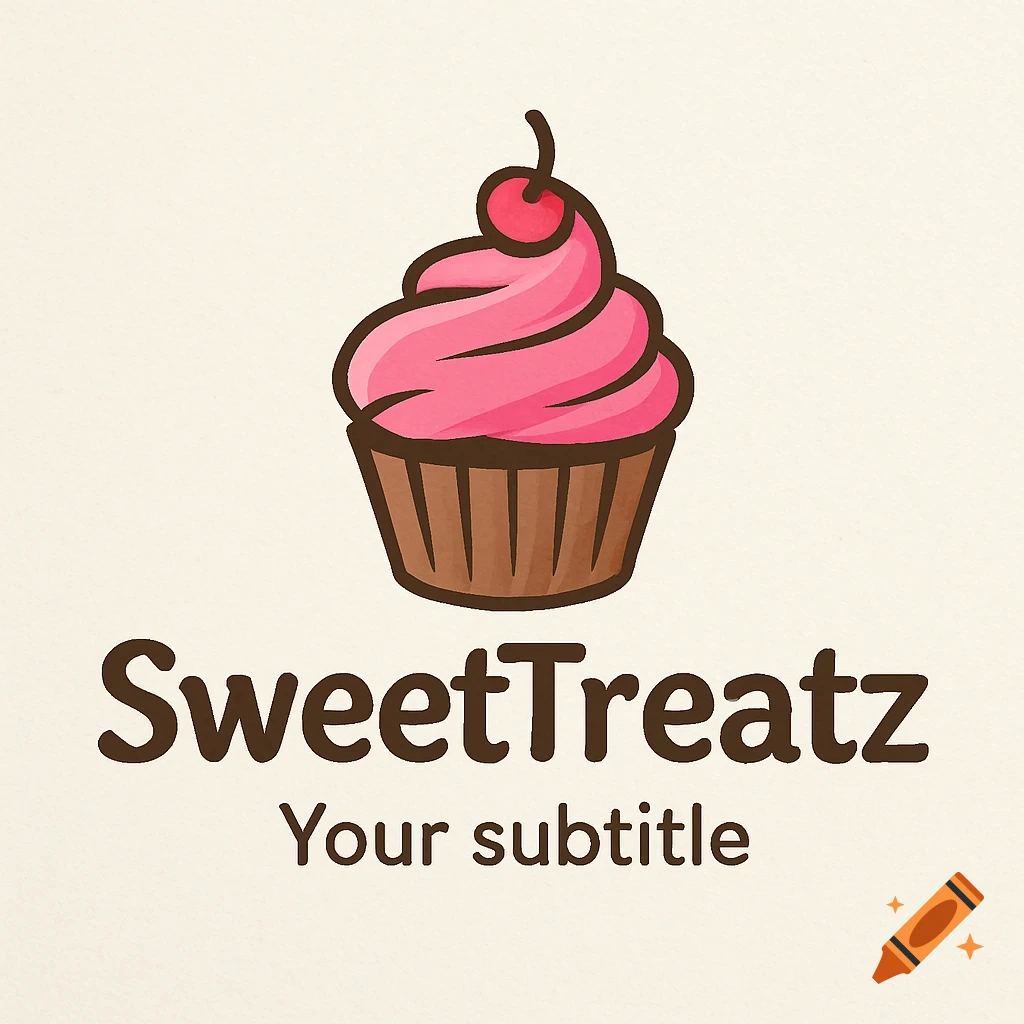 Logo with a cartoon cupcake above text reading SweetTreatz Your subtitle.
