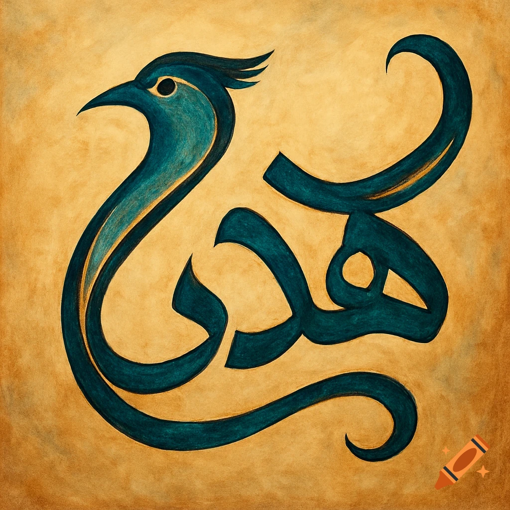 Stylized bird formed by Arabic calligraphy on a textured gold background