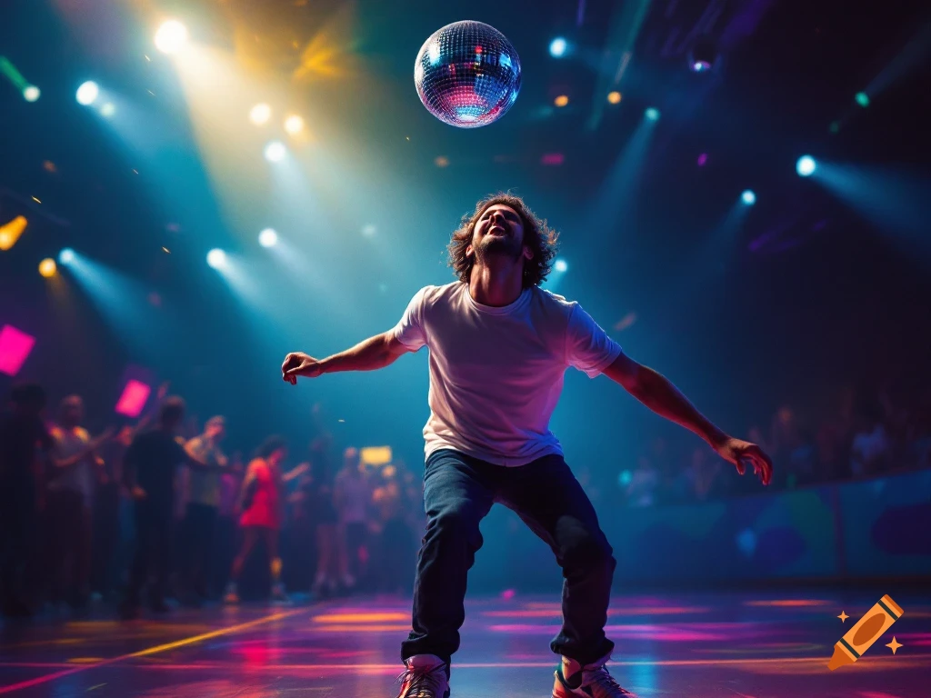 Man roller skating under a disco ball at a roller rink.