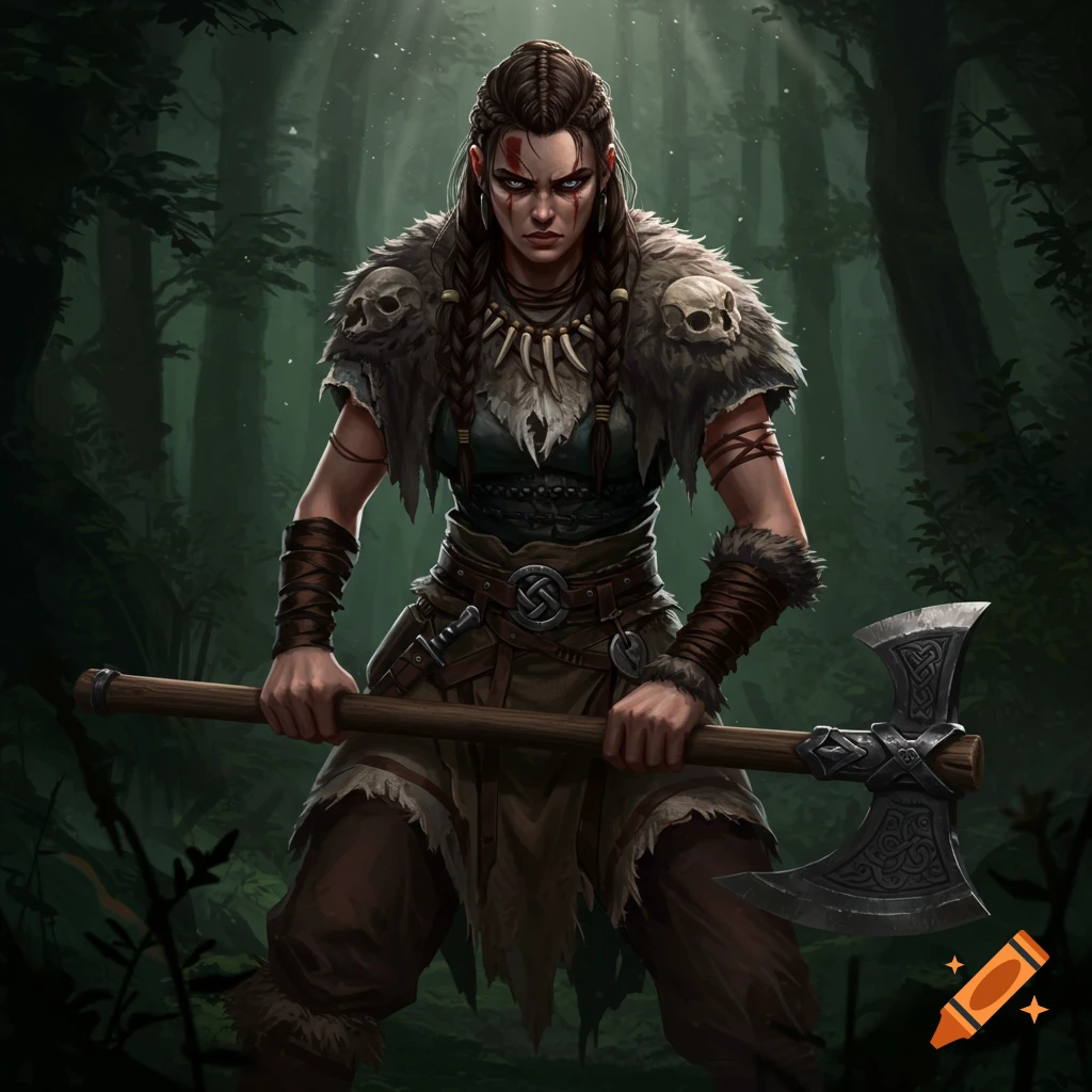 Fantasy illustration of a Slavic barbarian woman holding a large axe in ...