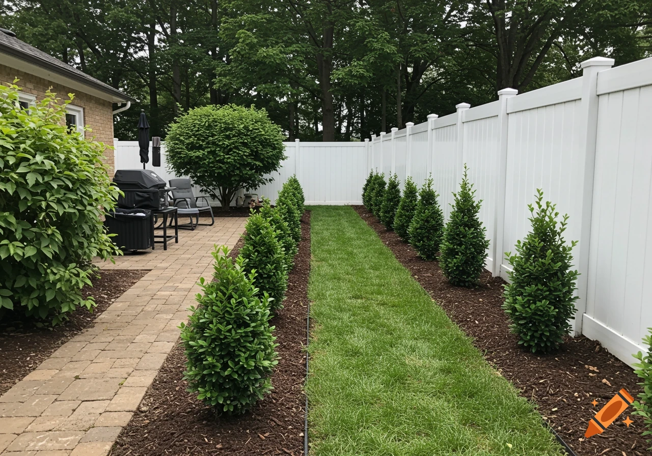 Backyard patio with grill, chairs, grass path lined with shrubs, and white fence.