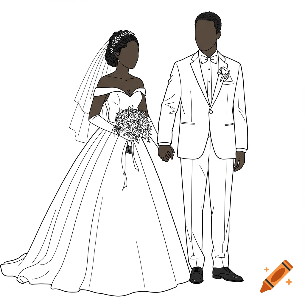 Outline drawing of an African American bride and groom holding hands. on  Craiyon, image size:1024x1024