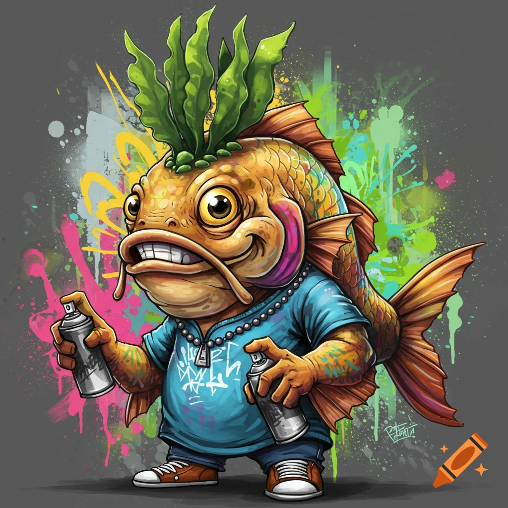 Cartoon fish character with seaweed mohawk holding spray cans in front of graffiti background.