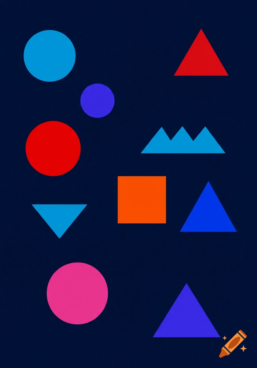 Geometric shapes in bright colors on a dark blue background.