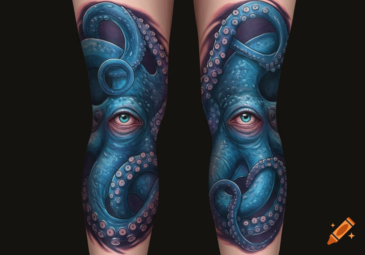 Detailed blue octopus tattoo on two legs with eyes on the kneecaps