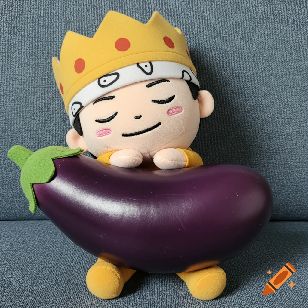 A plush toy with a crown and bandana hugs a large eggplant.