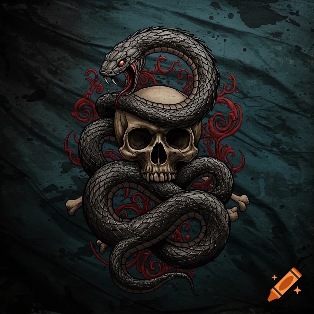 A dark illustration of a snake wrapped around a skull.