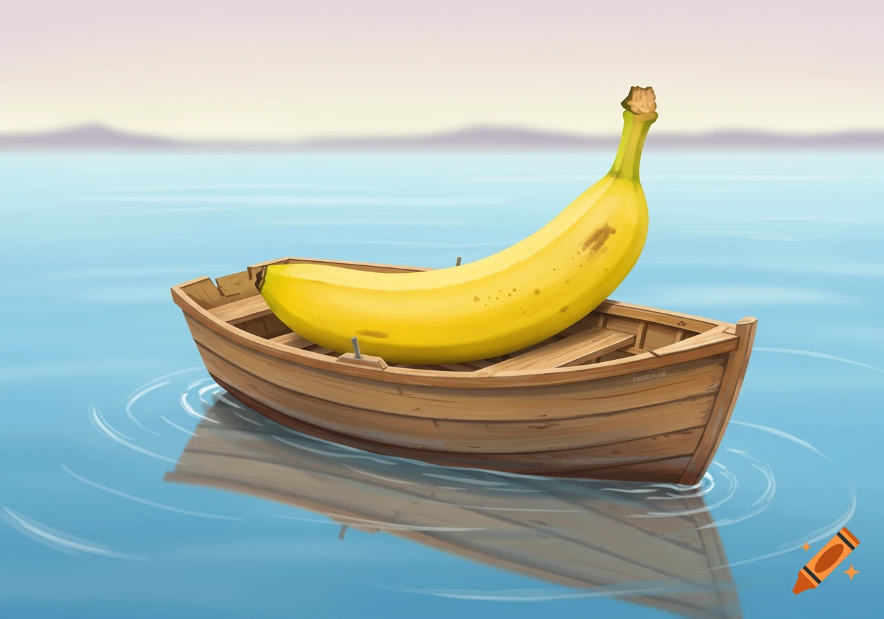 A large yellow banana sits in a wooden boat on blue water under a pale sky. Illustration.