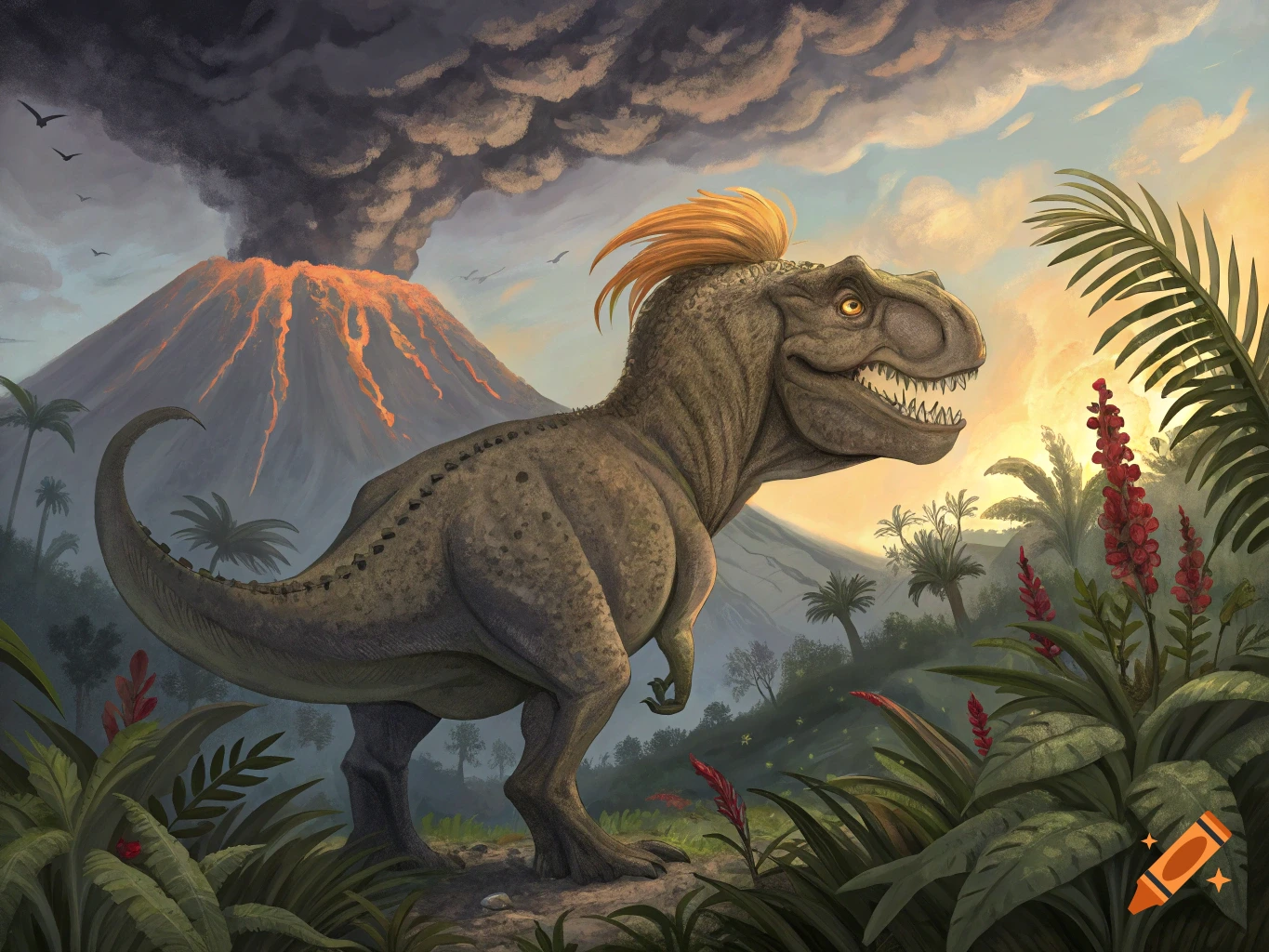 A T-Rex dinosaur with orange hair stands in a prehistoric jungle in front of an erupting volcano.