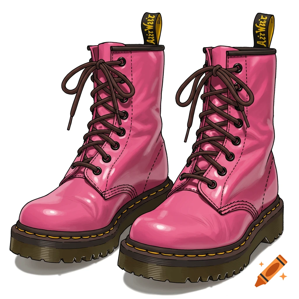 Illustrated pair of shiny pink boots with brown laces