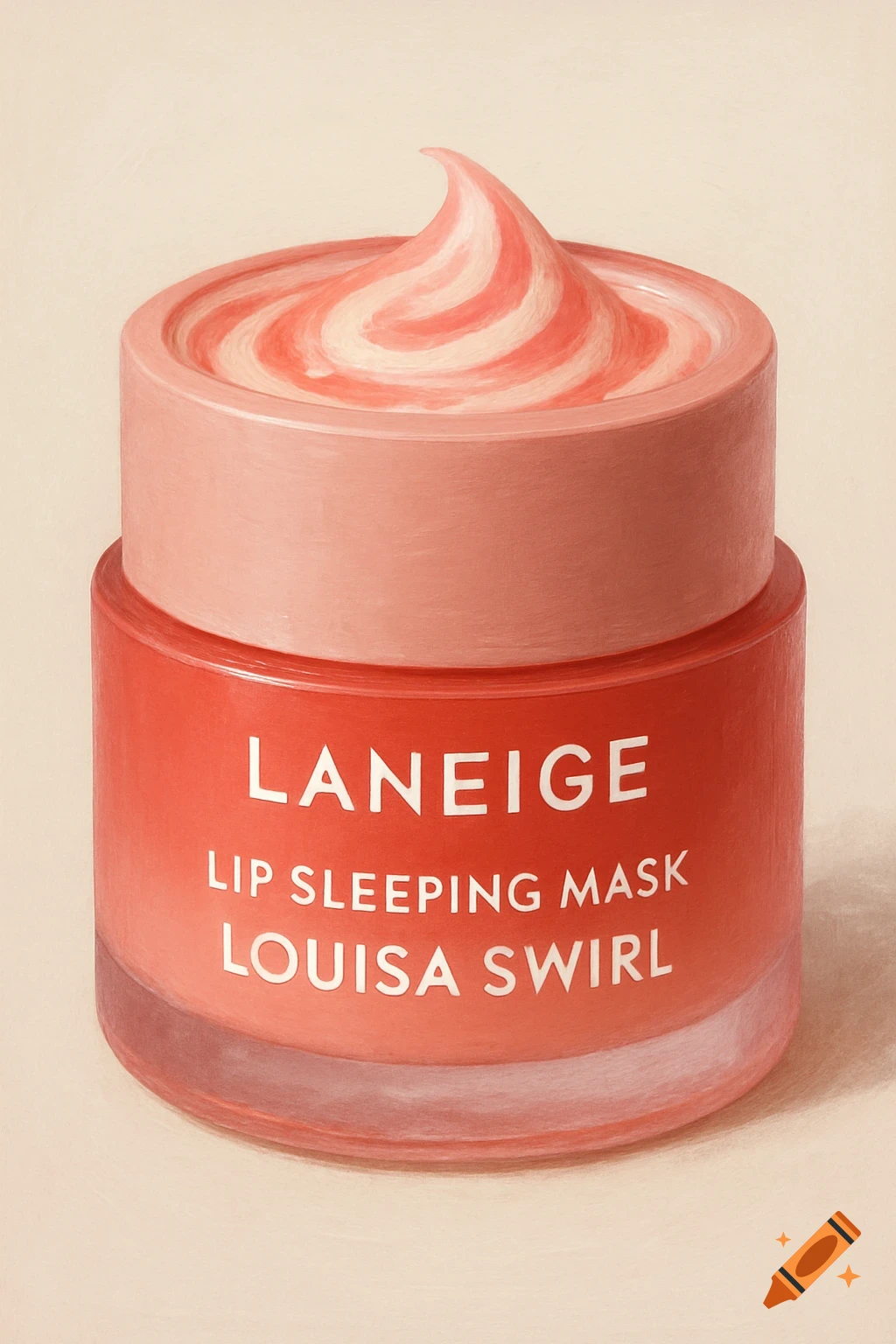 A pink and orange jar of LANEIGE Lip Sleeping Mask in Louisa Swirl flavor.