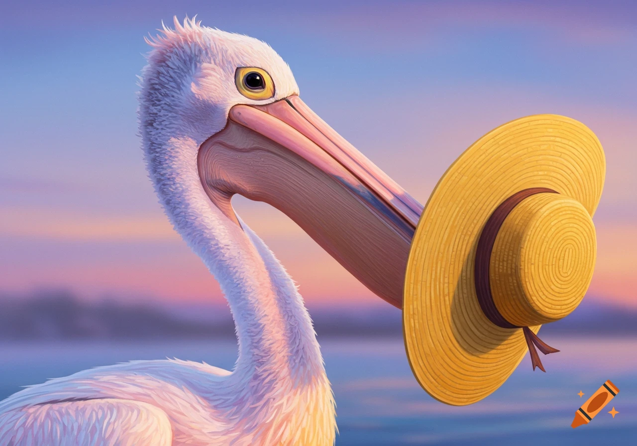 Illustration of a pelican holding a straw hat on its beak at sunset.