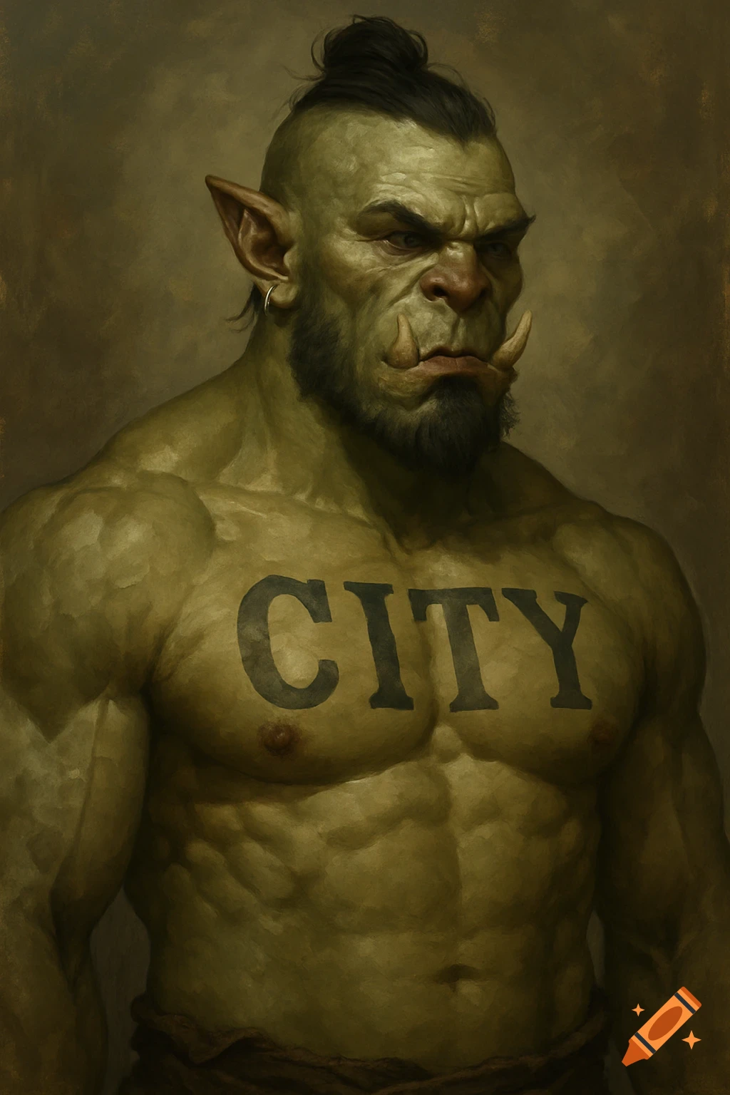 Portrait of a muscular male orc with a 'CITY' chest tattoo, in a fantasy art style.