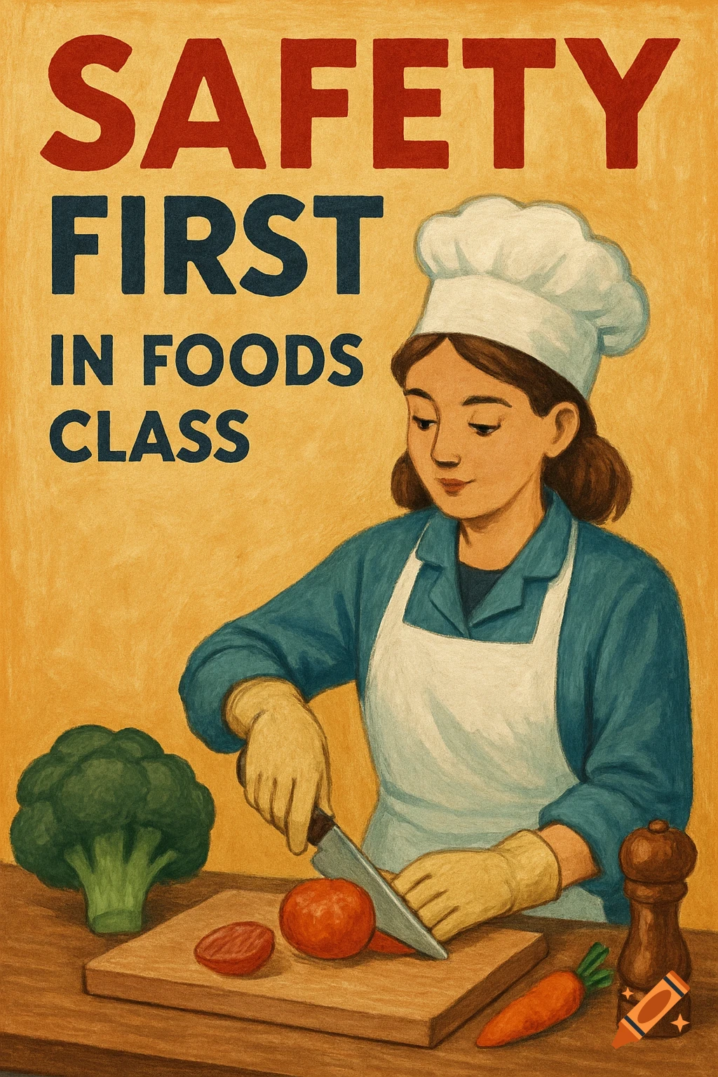 Illustration of a safety poster for foods class with a person cutting vegetables