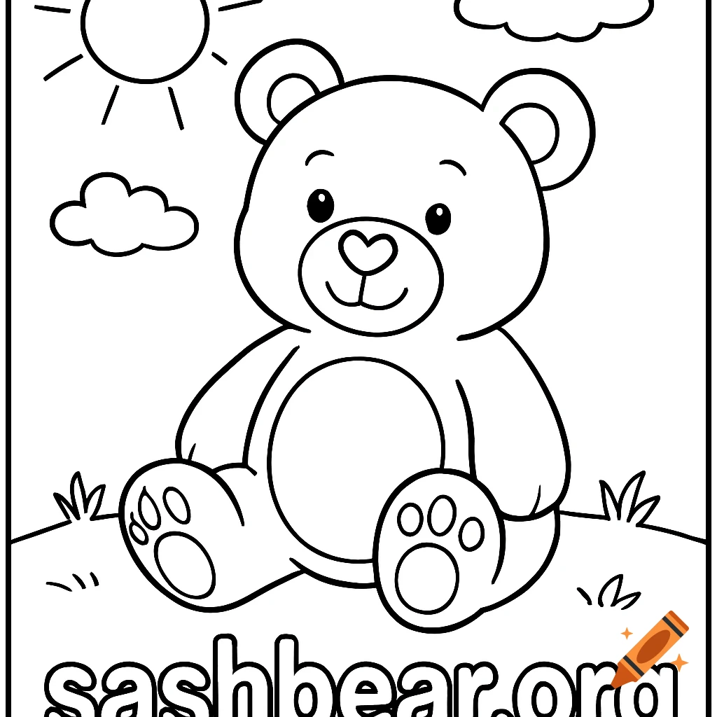 Coloring page drawing of a cartoon bear sitting on grass with a sun and clouds, text sashbear.org at bottom.