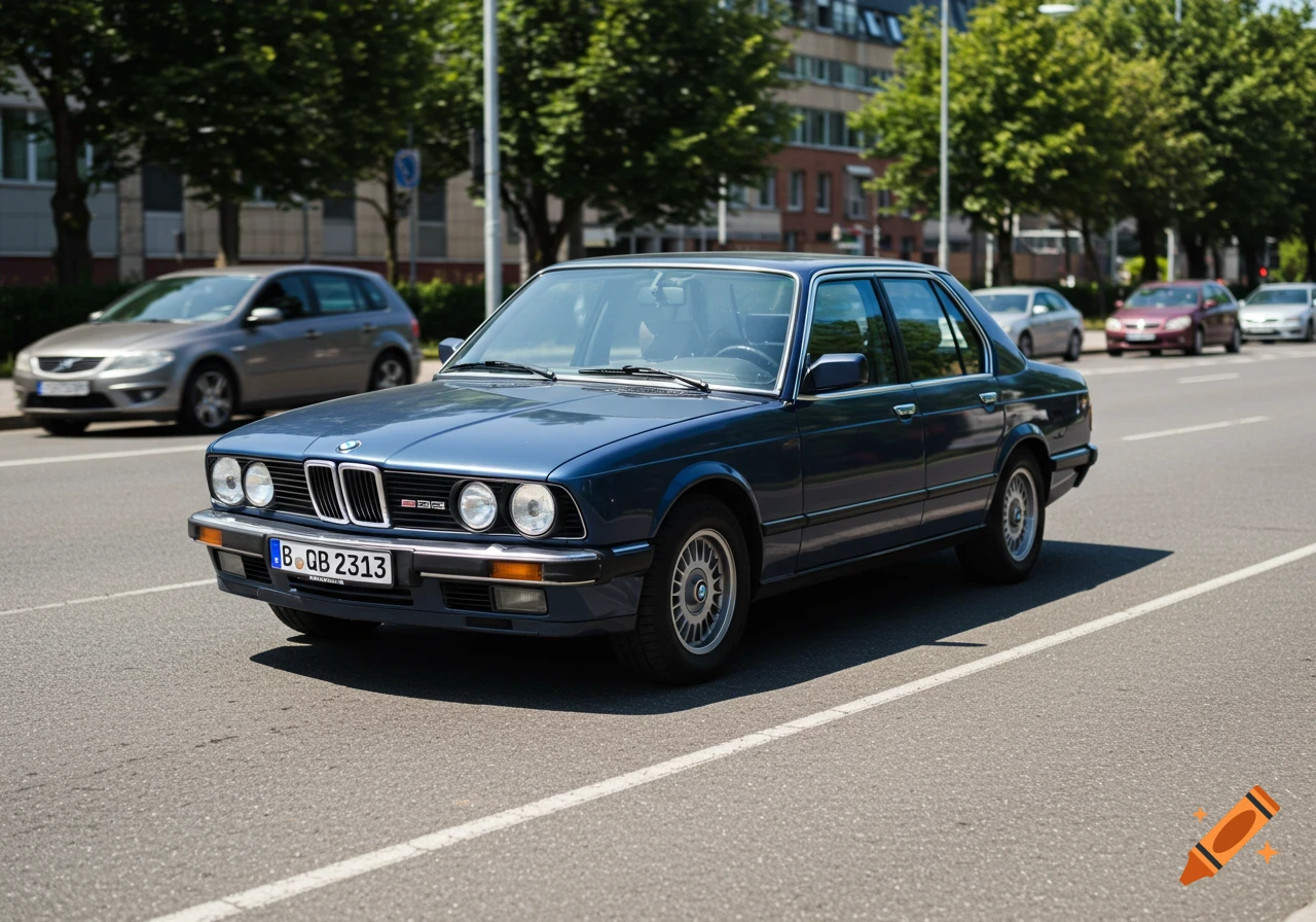 A blue classic BMW E28 sedan driving on a city street.