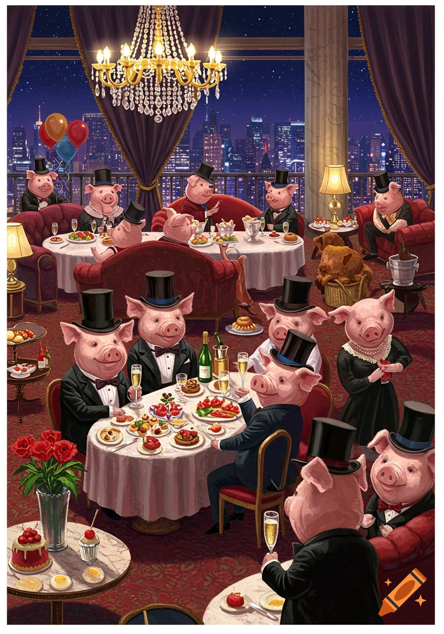 Illustrative scene of anthropomorphic pigs in formal wear dining at a penthouse party overlooking a city skyline.