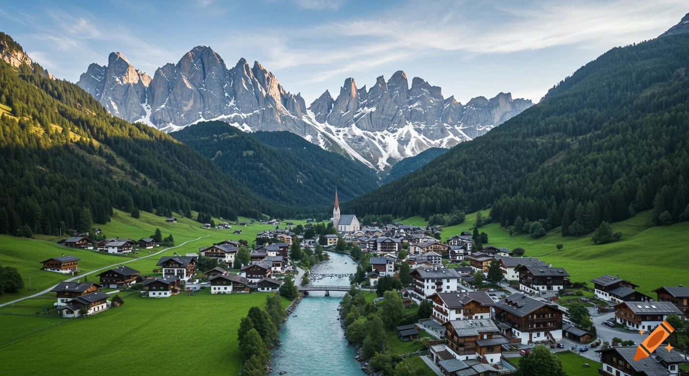 An alpine village with a river in a valley below jagged mountains.