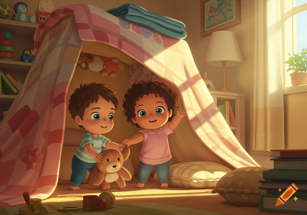 Animated toddlers playing inside a blanket fort with a teddy bear.