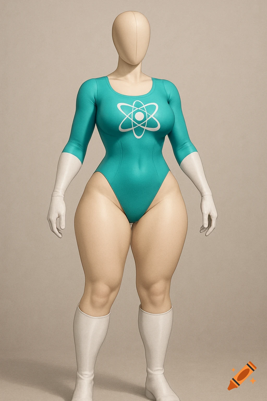 Mannequin in turquoise suit with white atom logo, white gloves and boots