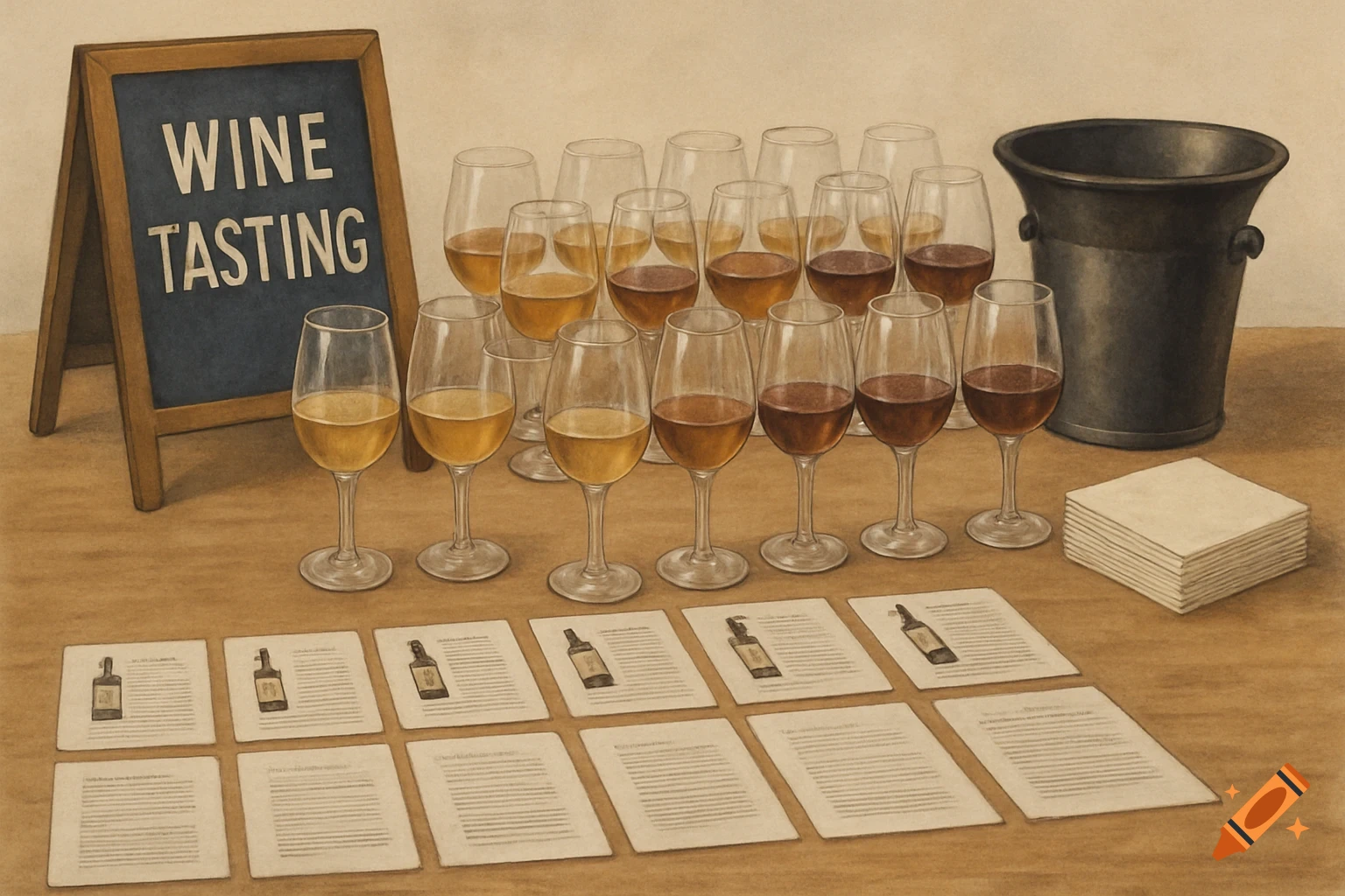 A table set for a wine tasting with glasses of wine, a sign, papers, and a bucket.