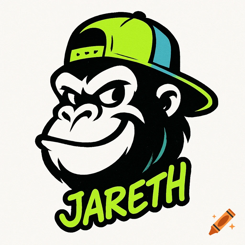 Cartoon logo of a gorilla head wearing a green and blue hat with the name JARETH below.