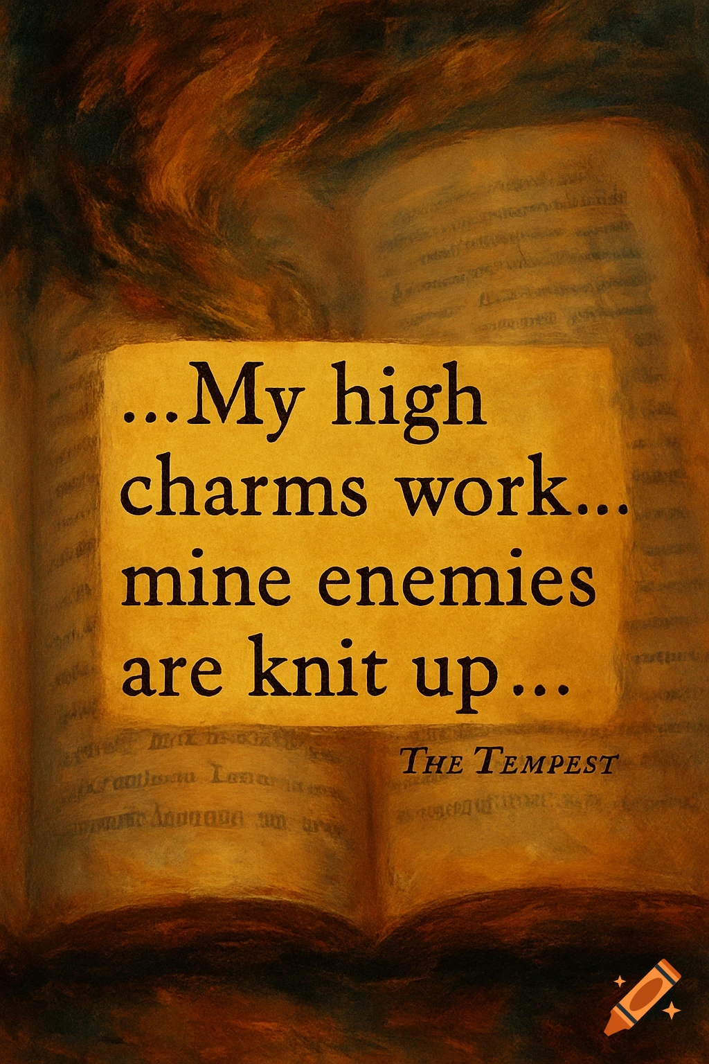 Open book with a highlighted quote from The Tempest: 'My high charms work... mine enemies are knit up...' in a textured, painterly style.
