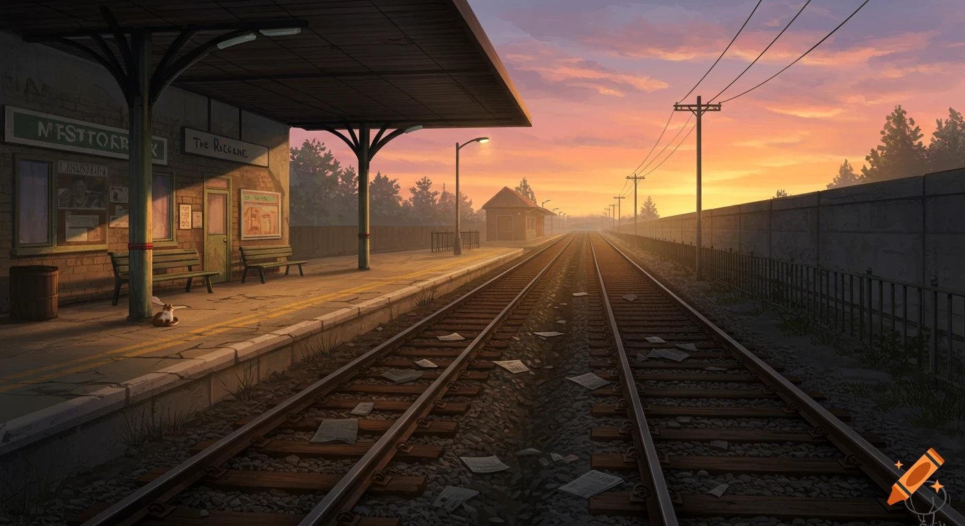Illustration of a train station and tracks at sunset with a cat on the platform.