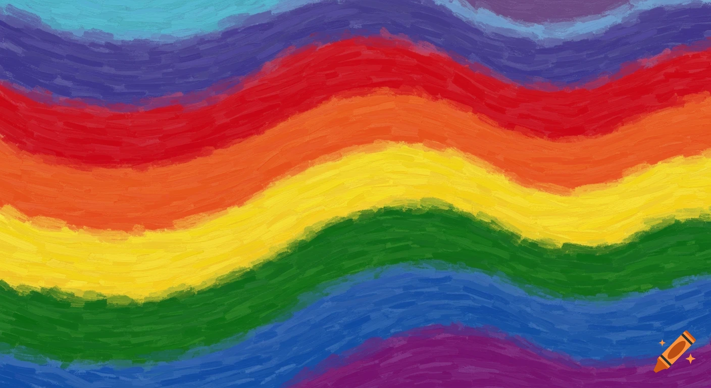 A painterly background with wavy, horizontal stripes in rainbow colors, resembling a pride flag.