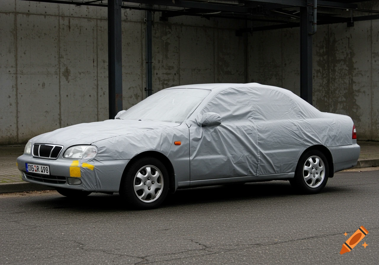 A gray sedan covered with a car cover is parked on the street.