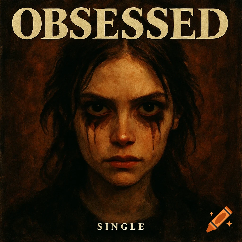 Dramatic painterly portrait with dark makeup, text 'OBSESSED' and 'SINGLE'