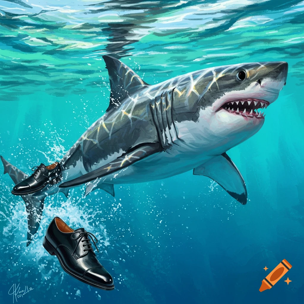 A digital painting shows a large shark underwater with two black dress shoes floating nearby, one near its tail fin.