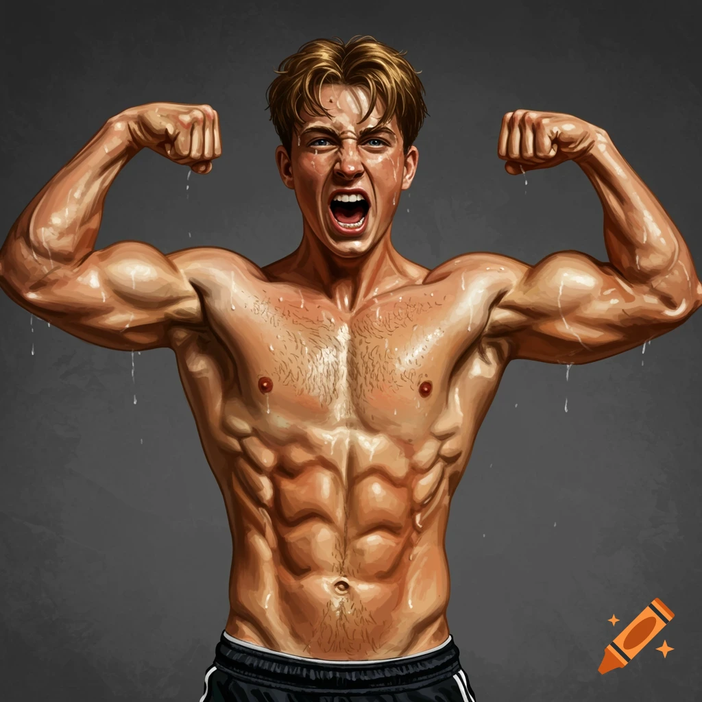 Muscular man flexing biceps, sweaty.