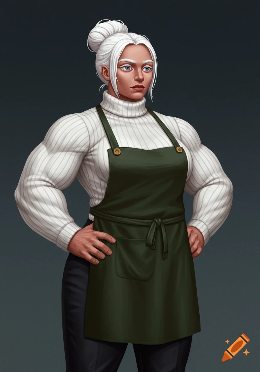 A heavily muscular woman with white hair in a bun, wearing a white turtleneck and dark green apron.