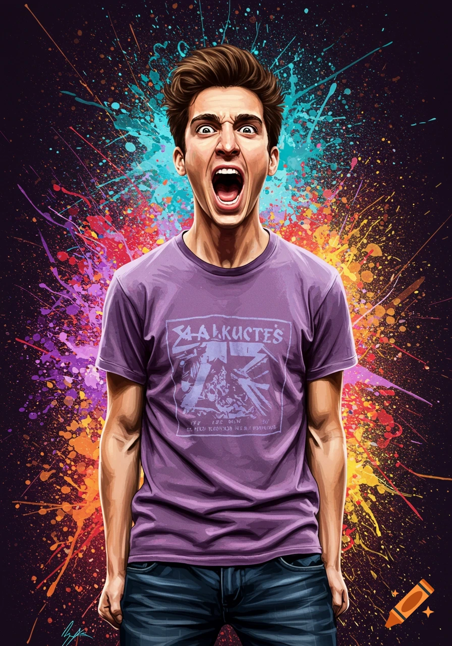 Illustration of a man screaming in a purple shirt against a background of colorful paint splatters.