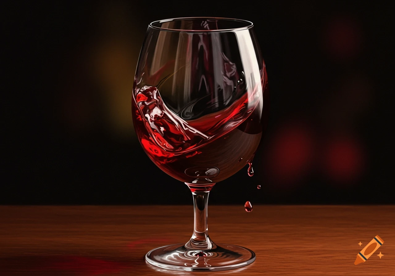 Photorealistic image of red wine swirling in a glass, with drops falling onto a wooden table against a dark background.